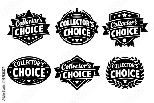 Set of collector's choice badges with various designs, symbols, and star ratings, representing premium quality and distinction