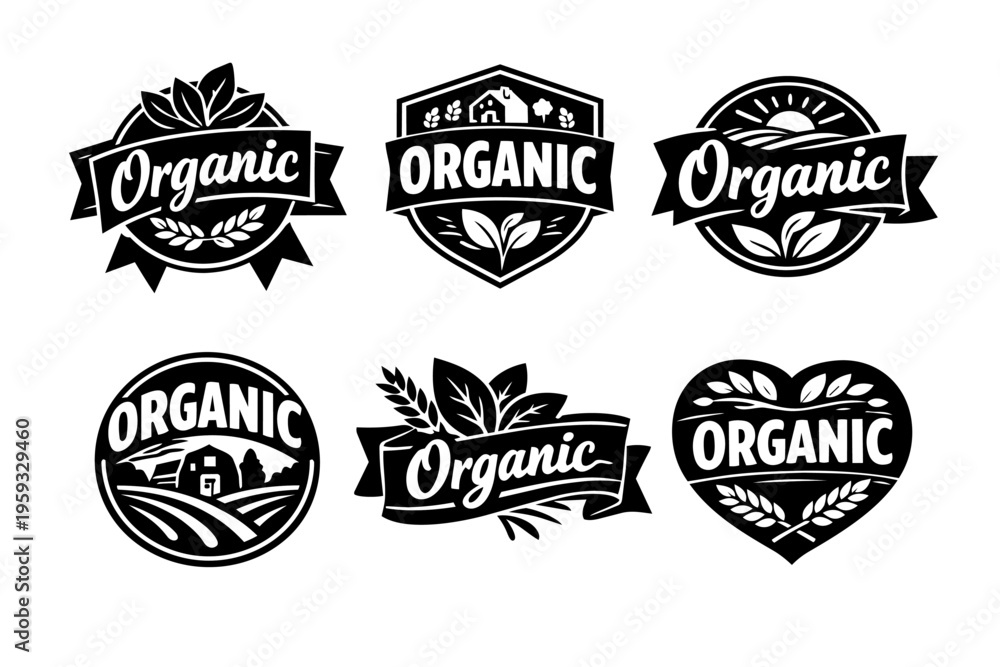 Obraz premium Vegan, natural, and gmo-free organic badges in various shapes, symbolizing healthy eating and eco-friendly farming