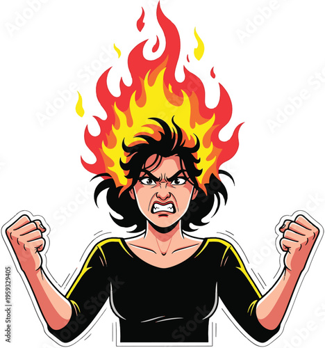 A cartoon woman with flames on her head and a fierce expression is shown in a powerful pose.