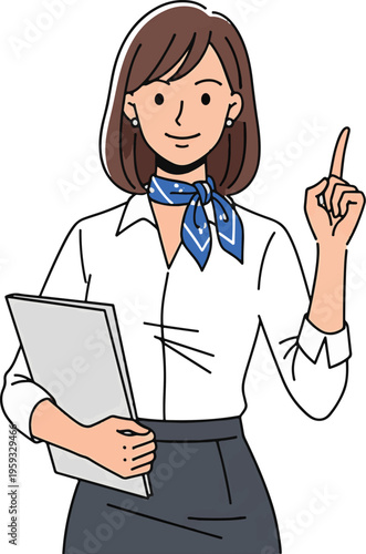 A smiling businesswoman holding a clipboard and pointing upwards with her finger.