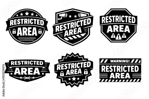 Restricted area security warning labels set showing access prohibition with padlocks, cctv, barbed wire and caution symbols
