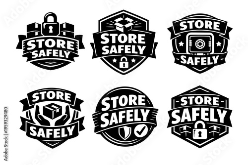 Store safely security labels set offering storage protection, secure delivery, and insurance concepts for peace of mind