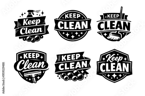 Keep clean badges presenting various cleaning service logos with brooms, spray bottles, and squeegees
