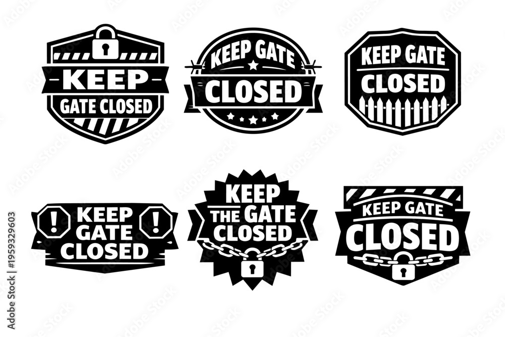 Fototapeta premium Keep gate closed signs vector collection, featuring badges for security, private property, and restricted access areas