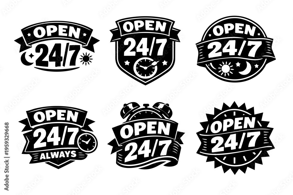 Obraz premium Open 24/7 signs with text, clock, sun, and moon symbols indicating constant business availability services
