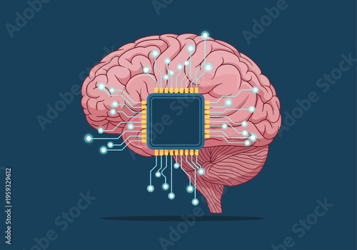 A digital illustration of a brain with a microchip implanted showcasing technology and science concepts.