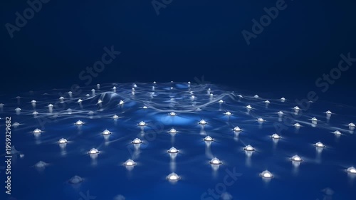 Abstract Glowing Network Activating and Pulsating on a Wavy Blue Surface