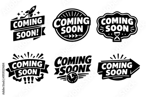 Collection of coming soon labels, badges, and banners in a black and white vector style for promotions