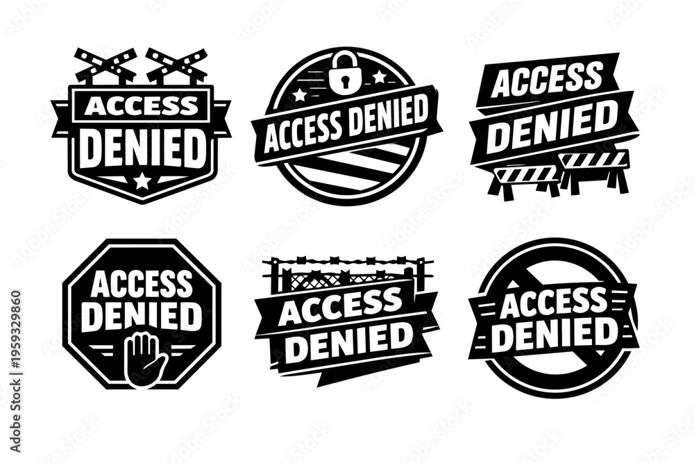 Fototapeta premium Access denied stamps, stickers, and labels set illustrating restriction, forbidden areas, closed content, and web security issues
