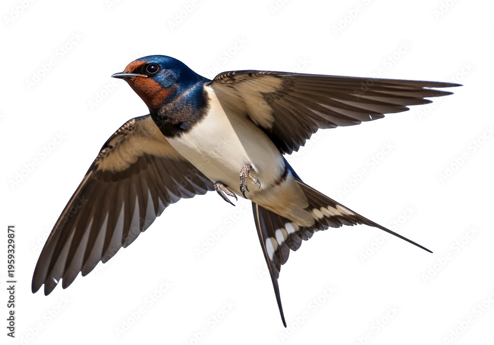 Fototapeta premium A barn swallow flying with wings spread wide isolated on transparent background with blue and brown feathers