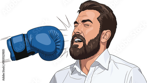 A cartoon illustration of a man being punched in the face by a boxing glove