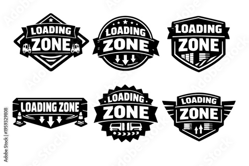 Loading zone emblems collection, showing various black and white vector designs for signs and cargo logistics