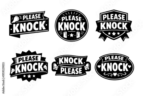 Collection of please knock stickers and badges. Concepts: privacy, politeness, entry, rules, permission, announcement, vintage