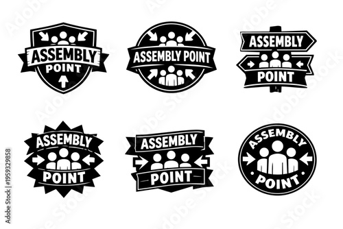 Assembly point signs collection showing various icons with people and arrows, depicting designated safe gathering zones