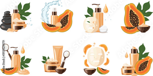 Papaya cosmetic skincare set with natural beauty products, tropical fruit extracts, face mask, serum and spa treatment vector collection isolated on white background