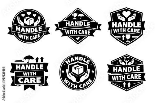 Handle with care packaging labels presenting fragile items warning and shipping instructions for safe box delivery