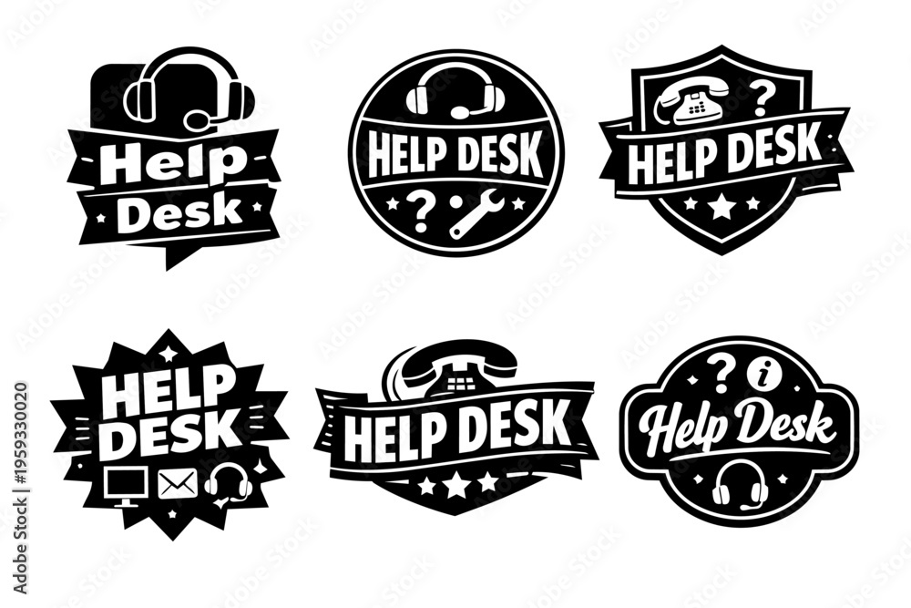 Obraz premium Help desk service badges set showing customer support, technical assistance, and online information icons