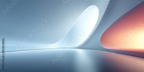Artistic abstract interior featuring hole shaped opening resembling window, smooth light shadow. Dark toned with white, gray and subtle neon reflections on floor ideal as background for branding.