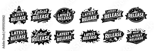 Latest release badges and stickers conveying new product announcement, rocket launch, and commercial advertising