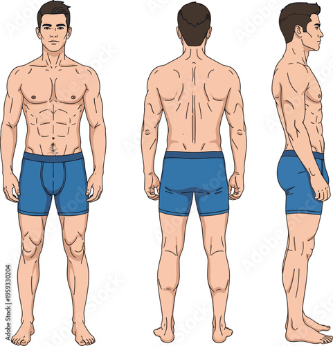 An athletic man in blue shorts showing his muscular physique from different angles