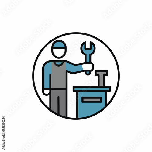 An icon depicting a worker holding a wrench next to a workbench, representing a mechanic, repair service, maintenance, or skilled labor, Depicting, Worker, Labor, Workbench, Car, Blue, Grey, Next
