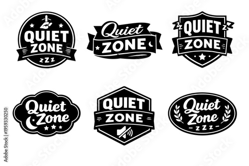 Quiet zone sign collection providing symbols for silence, rest, and sleep areas in diverse modern and vintage badge designs