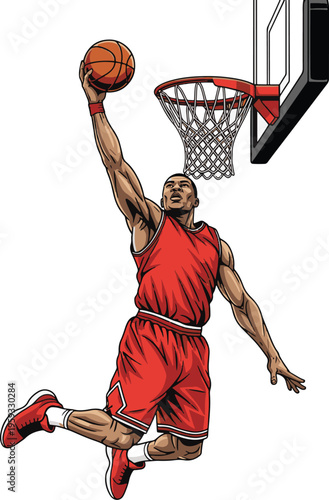 A basketball player in a red uniform jumping to dunk the ball into the hoop.