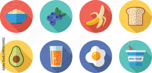 Set of 8 healthy breakfast food and drink icons vector with long shadow design: oatmeal, blueberries, banana, toast, avocado, orange juice, fried egg