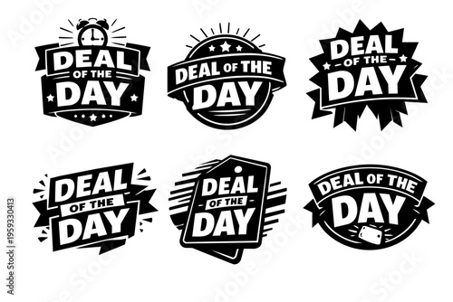 Deal of the day badges with various discount tag designs, promoting special daily offers and online shopping sales