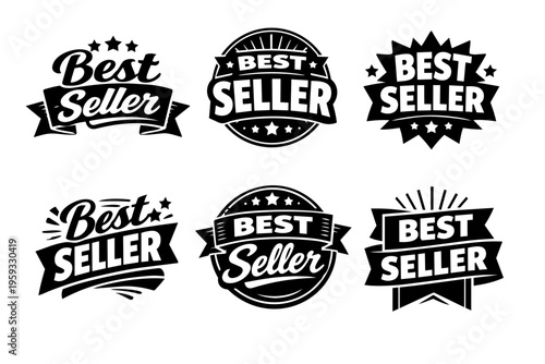 Best seller badges vector collection featuring six different black quality labels for product promotion and marketing