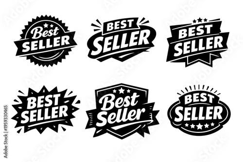 Best seller badges collection featuring marketing labels, sales stickers, advertising emblems, and product quality seals