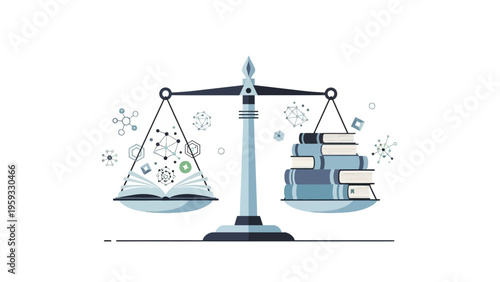 An illustration of a balance scale with an open book and snowflakes on one side and stacked books on the other against a clean white background.