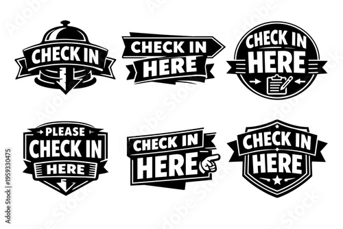 Check in here signs collection, pointing directions to a registration desk or hotel reception for arrival and welcome