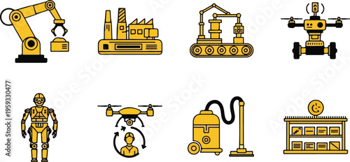 Set of 8 yellow and black industrial automation and robotics vector icons including factory, robotic arm, drone, and humanoid robot isolated PNG with Transparent Background