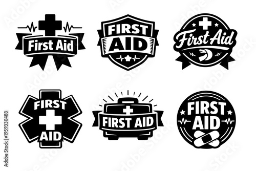 First aid badges and medical emblems collection, emergency health care symbols, first response help icons set