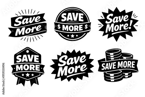 Save more stickers, badges, and labels collection featuring discount offers, shopping promotions, and savings symbols