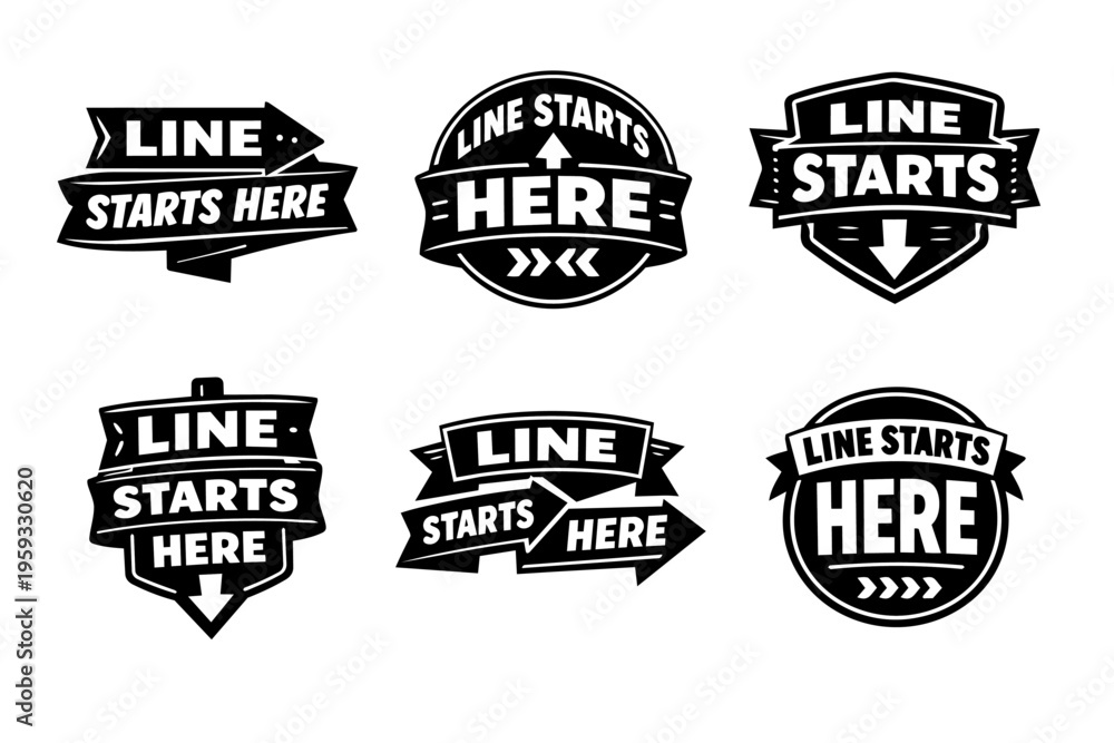 Obraz premium Collection of line starts here signs and badges, indicating direction, start points, and queues