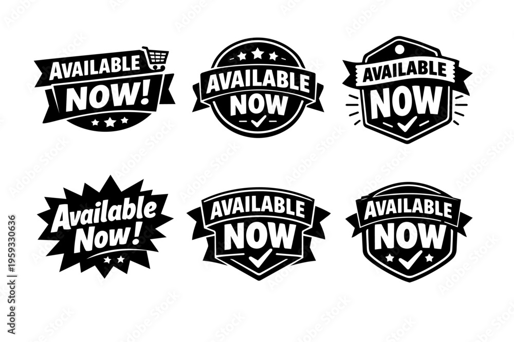 Obraz premium Available now badges and labels set promoting product availability, new arrivals, and limited offers with a shopping cart icon