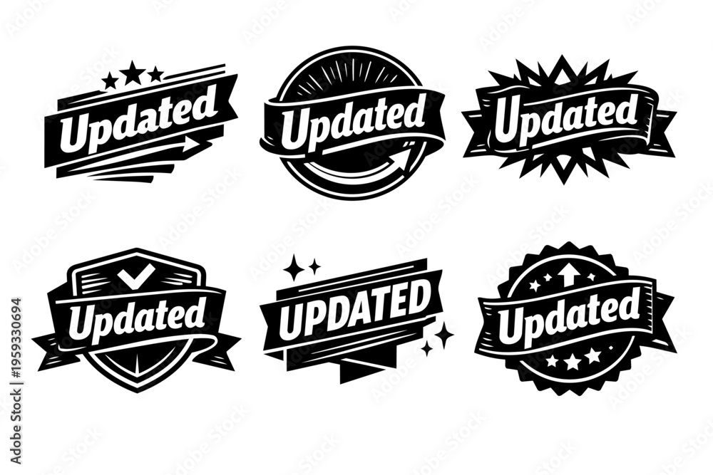 Obraz premium Updated badges set representing new versions, recent changes, and refresh status for web content and applications