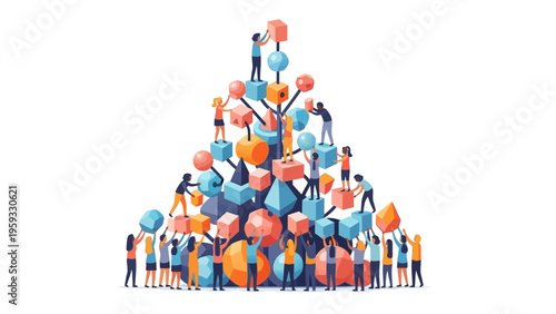 A colorful illustration of people standing in a pyramid formation on a white background with design elements conveying information and knowledge.