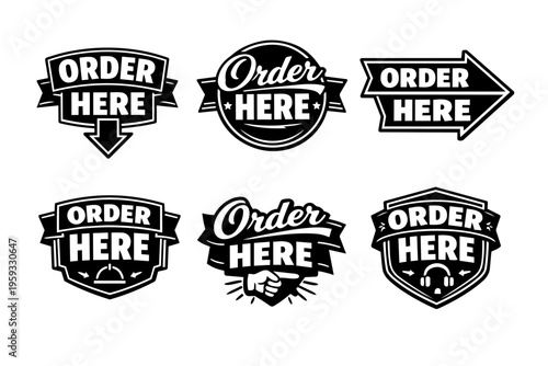 Order here vector badge collection promoting sales, online delivery, pickup, food service, and customer call center support