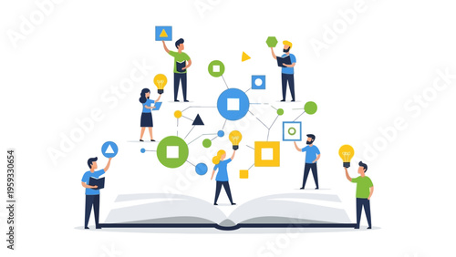 Illustration of people standing on an open book, holding and connecting various design elements and icons in a creative, educational setting with a mix of colorful shapes and symbols.