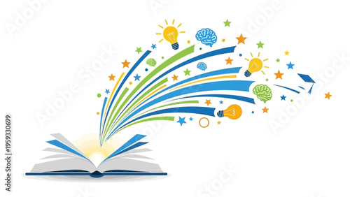 A colorful illustration of an open book with creative design elements and icons bursting out, conveying knowledge and information in a visually appealing way against a clean white