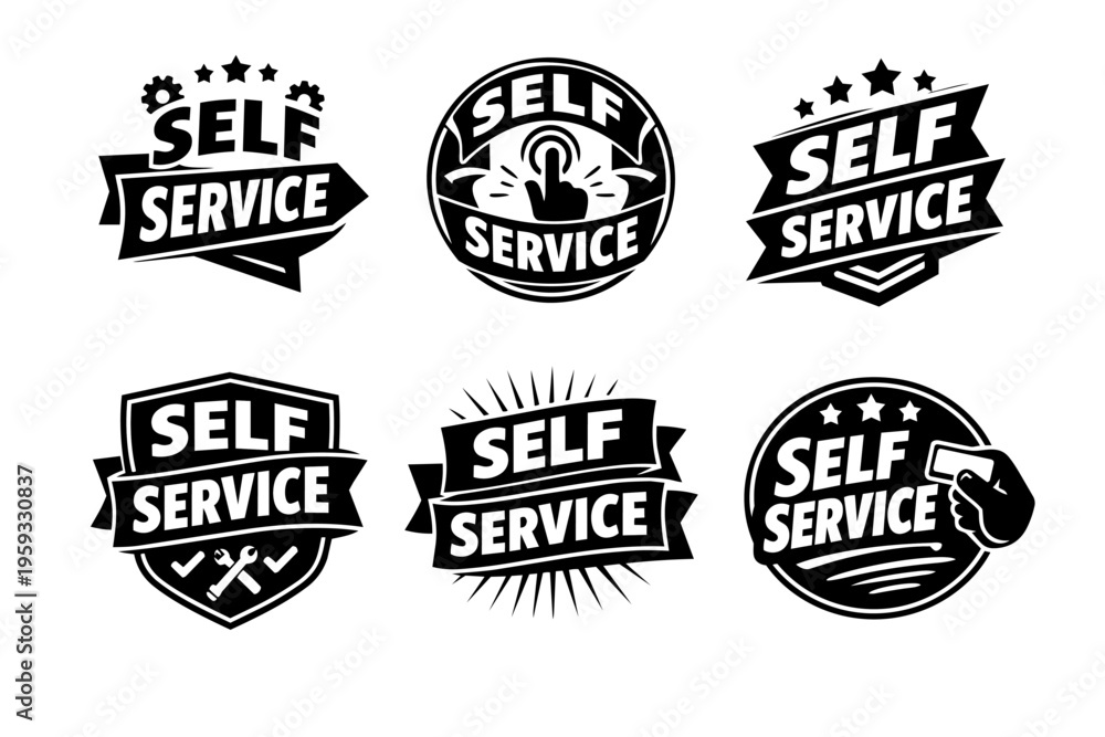 Fototapeta premium Self service badges collection, creative design using banners, stars, gears, hands, and tools, promoting customer autonomy