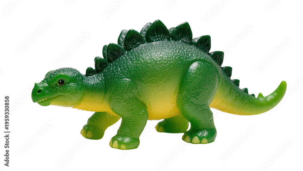 Fototapeta premium Vibrant green plastic dinosaur toy, a friendly Stegosaurus-like creature for kids