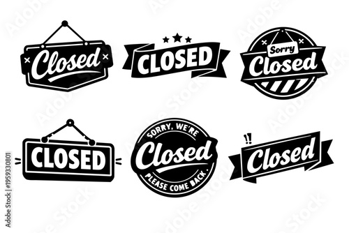Set of various closed signs and badges, conveying store closure, unavailability, and off-hours for retail and service businesses