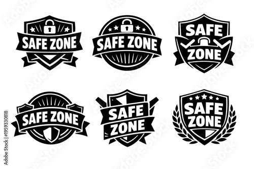 Safe zone badge vector set showing emblems for secure and protected areas, emphasizing safety concepts