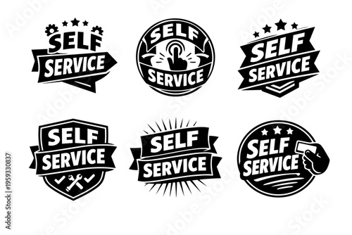 Self service badges collection, creative design using banners, stars, gears, hands, and tools, promoting customer autonomy