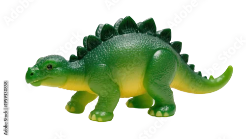 Fototapeta na wymiar Vibrant green plastic dinosaur toy, a friendly Stegosaurus-like creature for kids