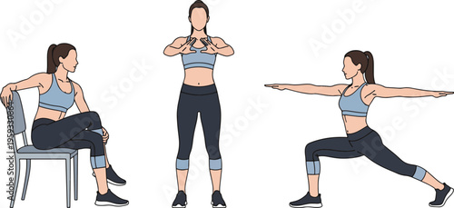 A woman performing various exercises in a fitness routine with different poses and movements.